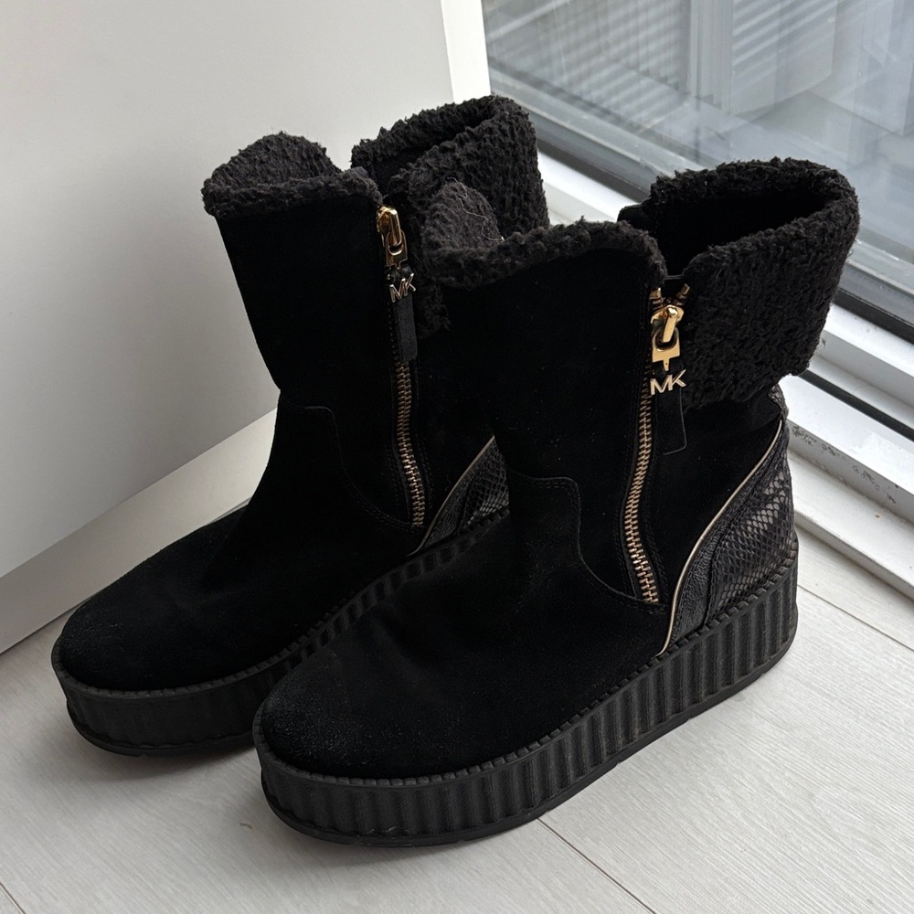 Michael Kors Black Shearling-Trim Platform Ankle Boots